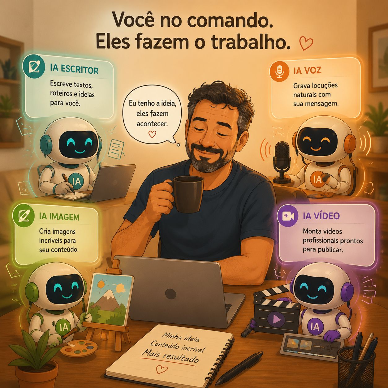 Ilustração: você no comando, os agentes de IA fazem o trabalho
