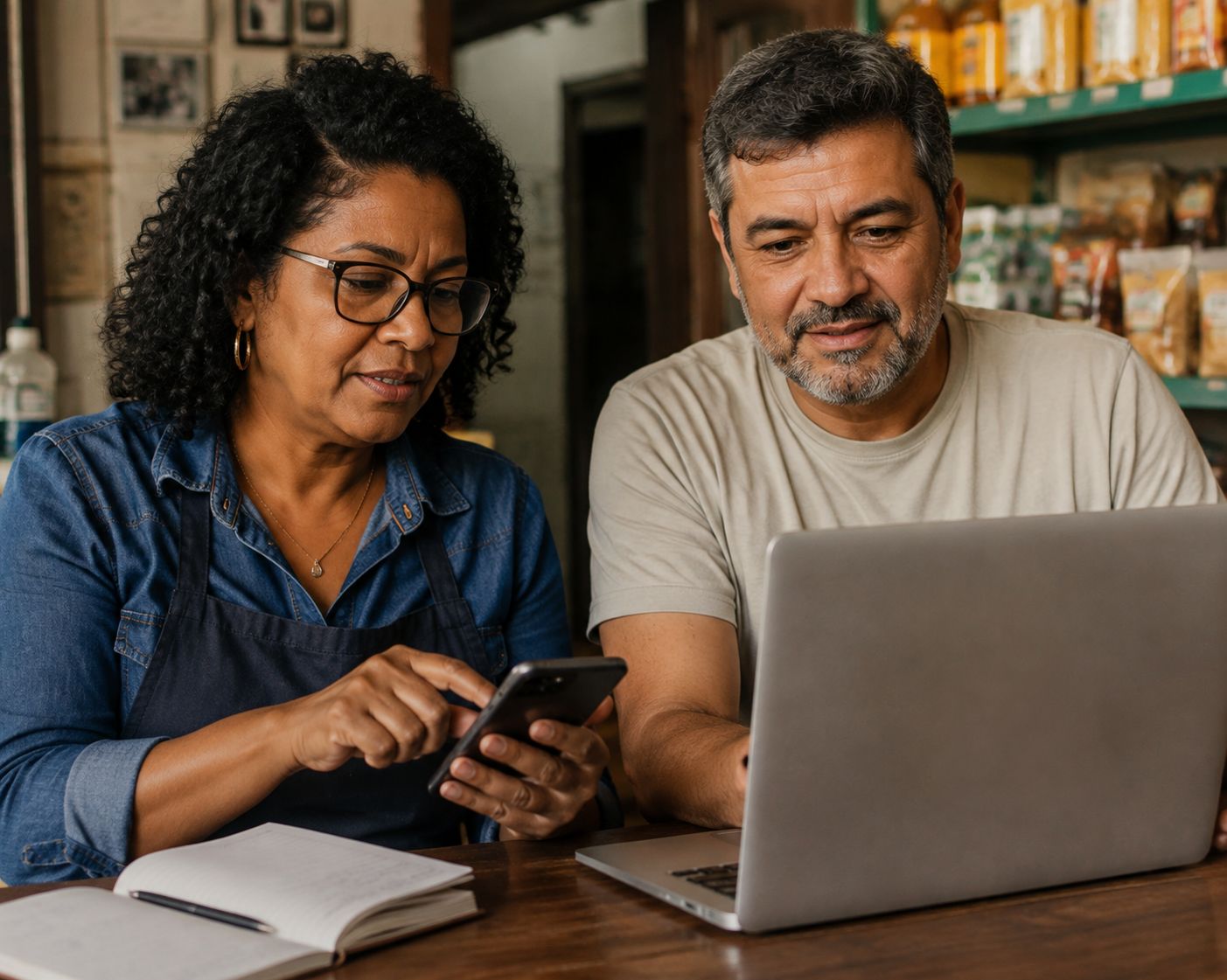 Empreendedores conferindo conteúdo no celular e notebook