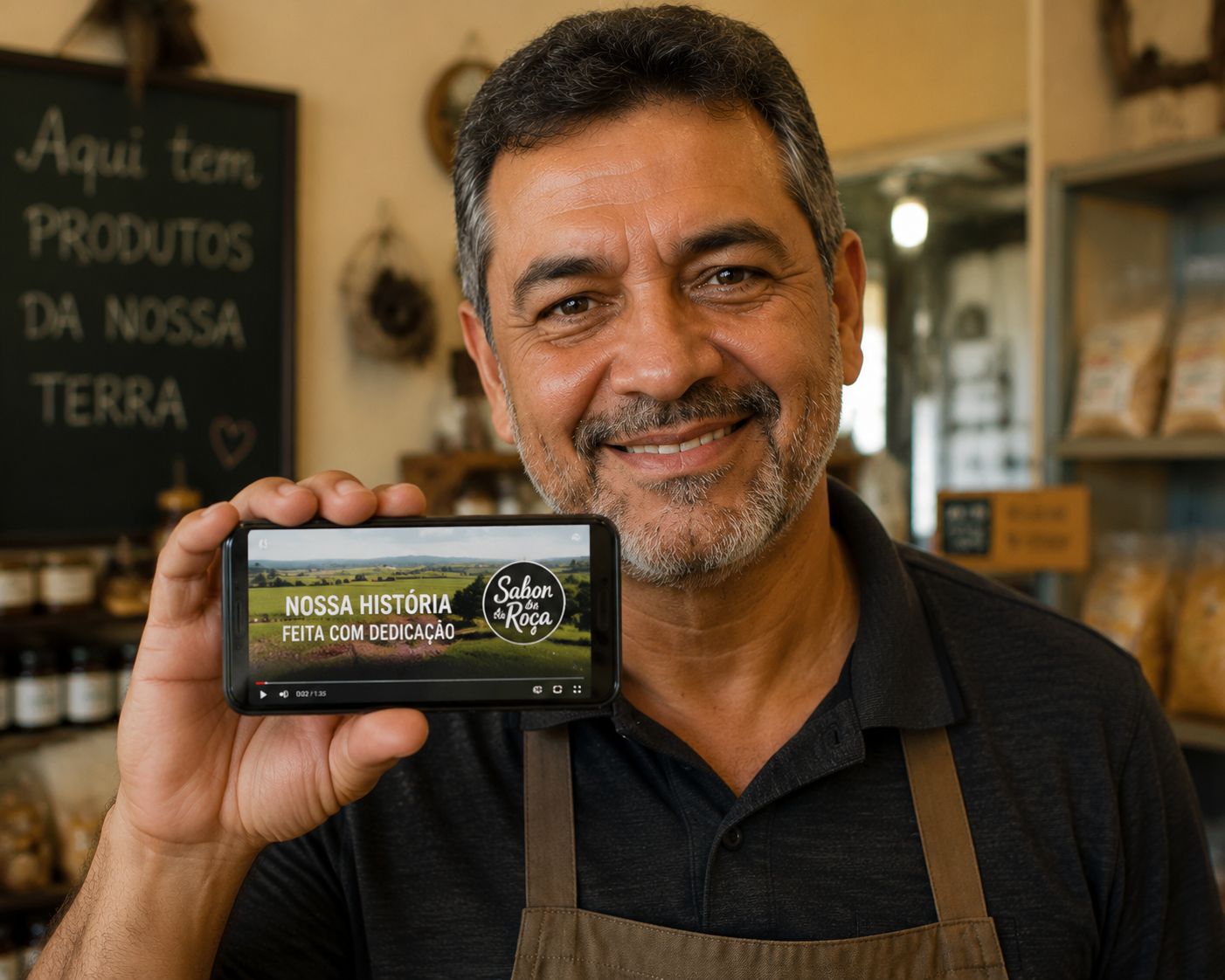 Comerciante mostrando o vídeo criado com IA no celular