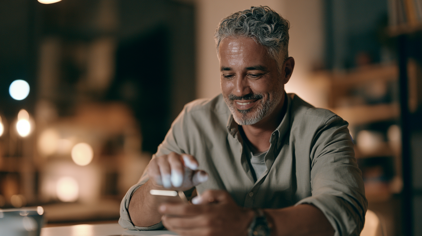 Empreendedor 40+ usando o celular para criar conteúdo com IA