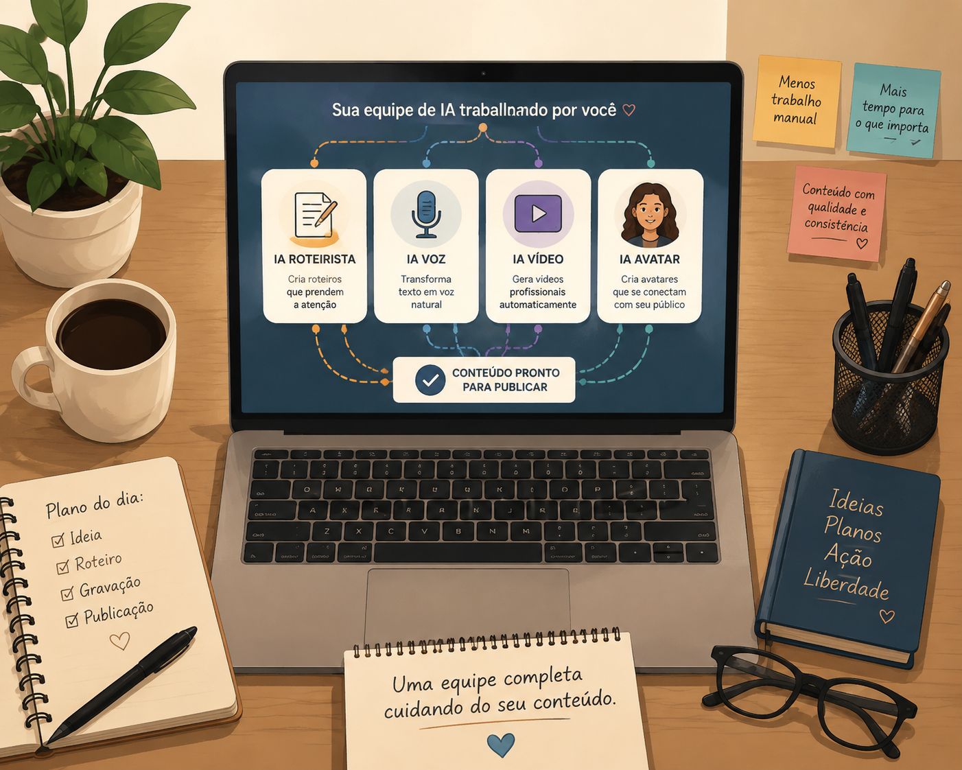 Sua equipe de IA: roteirista, voz, vídeo e avatar trabalhando juntos