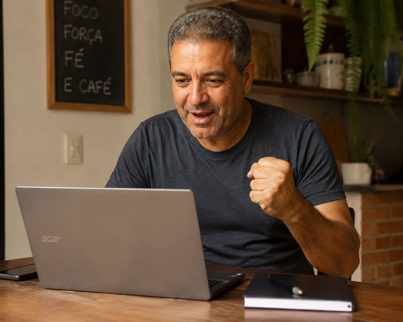 João Almeida comemorando um resultado no notebook